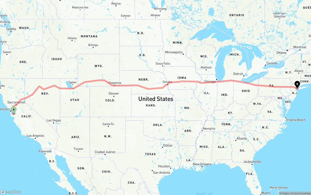 Shipping route from San Jose to Port of New York