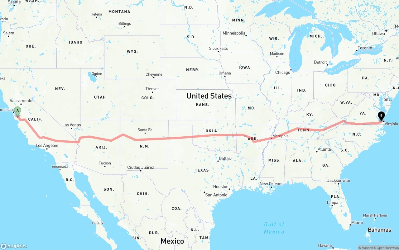 Shipping route from San Jose to Port of Norfolk