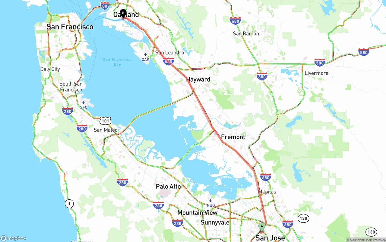 Shipping route from San Jose to Port of Oakland