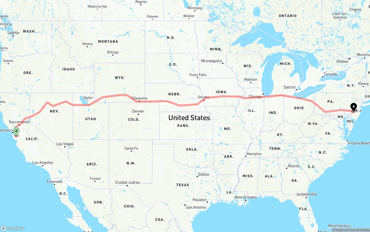 Shipping route from San Jose to Port of Philadelphia
