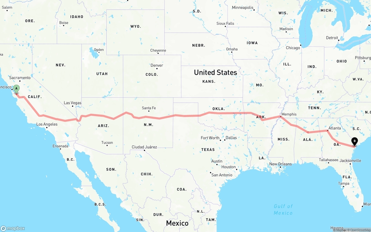 Shipping route from San Jose to Port of Savannah