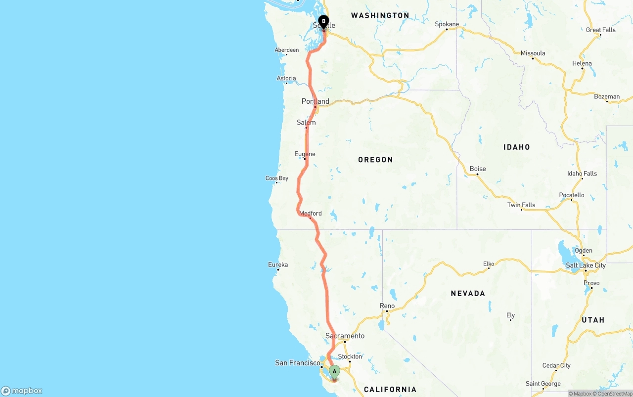 Shipping route from San Jose to Port of Seattle