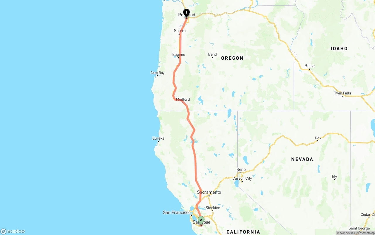 Shipping route from San Jose to Portland