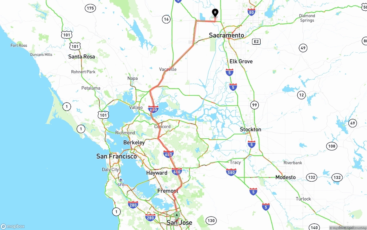 Shipping route from San Jose to Sacramento International Airport
