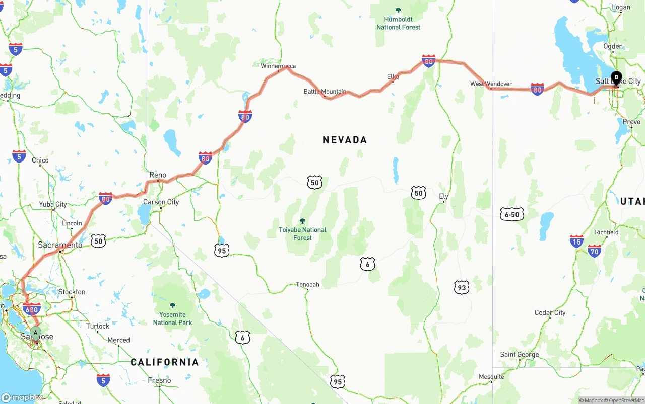 Shipping route from San Jose to Salt Lake City