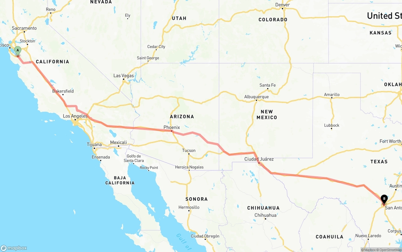 Shipping route from San Jose to San Antonio