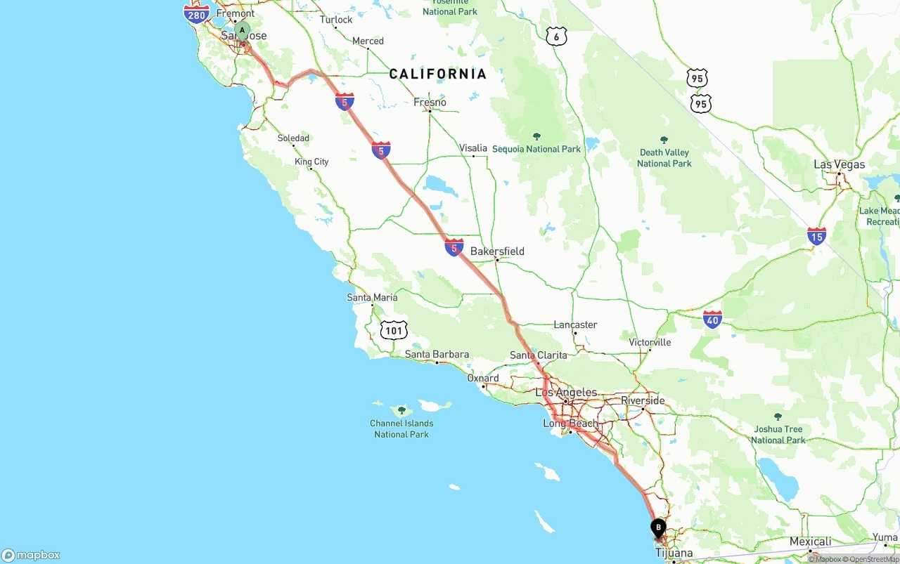 Shipping route from San Jose to San Diego International Airport