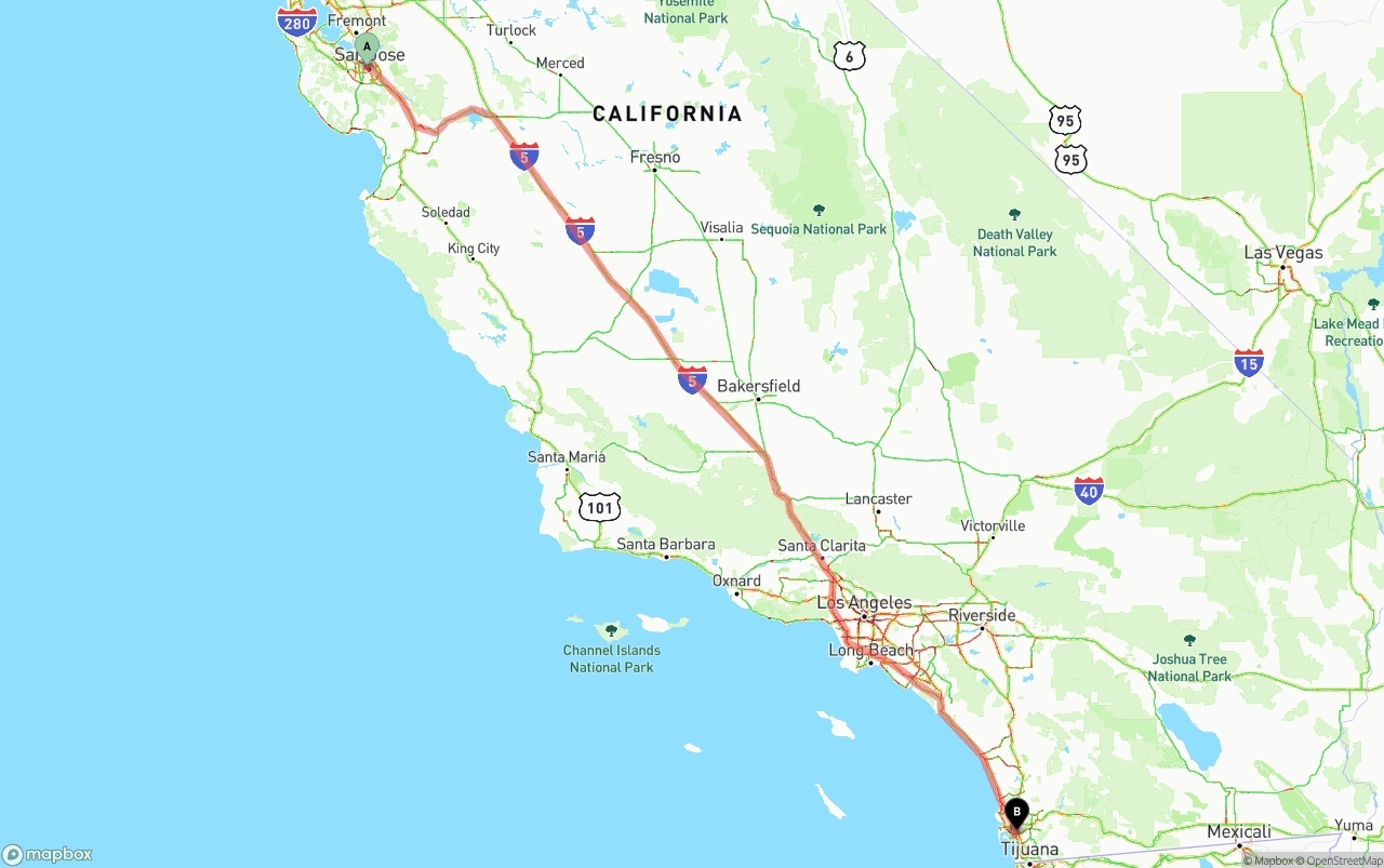 Shipping route from San Jose to San Diego