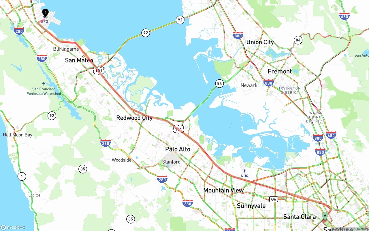 Shipping route from San Jose to San Francisco International Airport