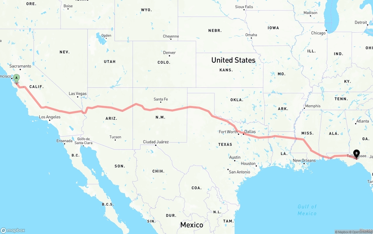 Shipping route from San Jose to Tallahassee