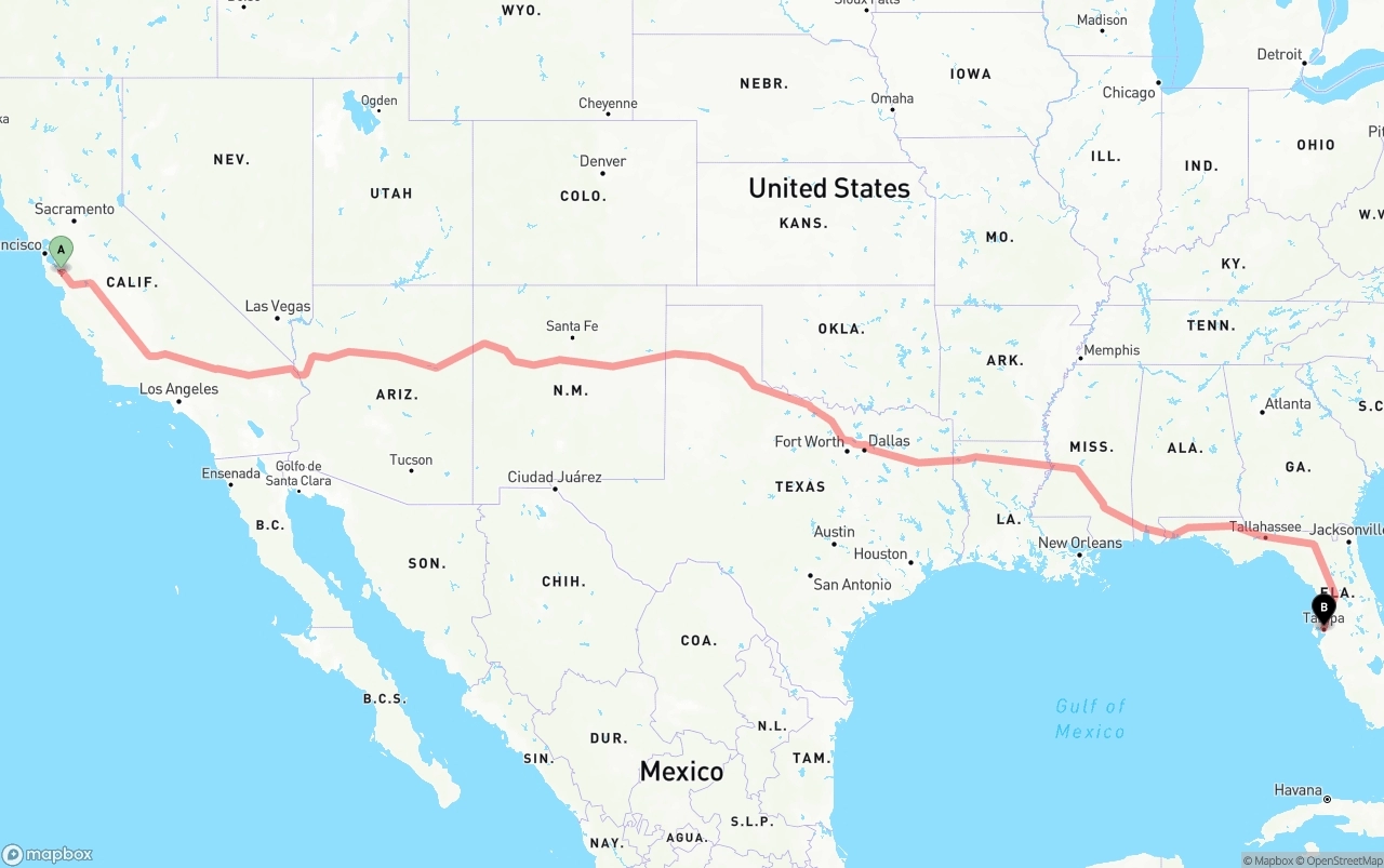 Shipping route from San Jose to Tampa