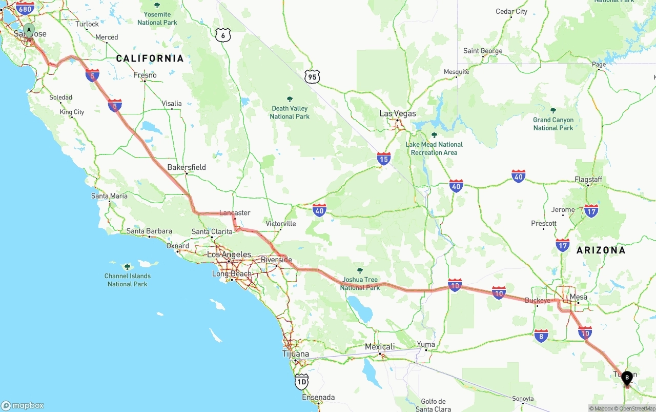 Shipping route from San Jose to Tucson International Airport