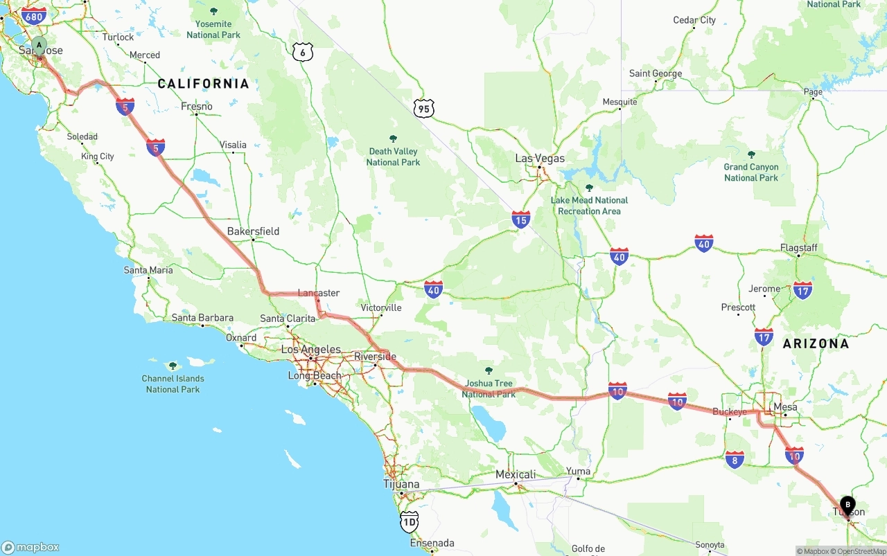 Shipping route from San Jose to Tucson