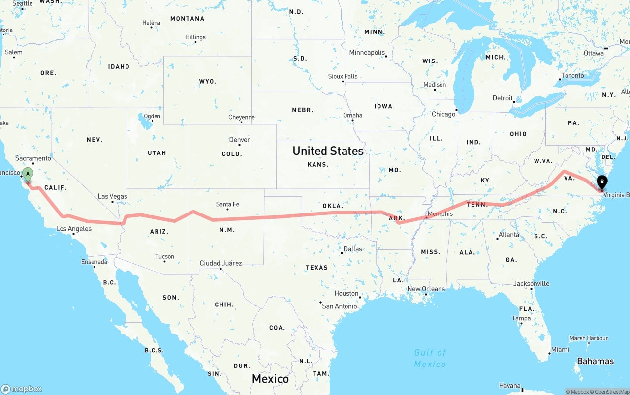 Shipping route from San Jose to Virginia Beach