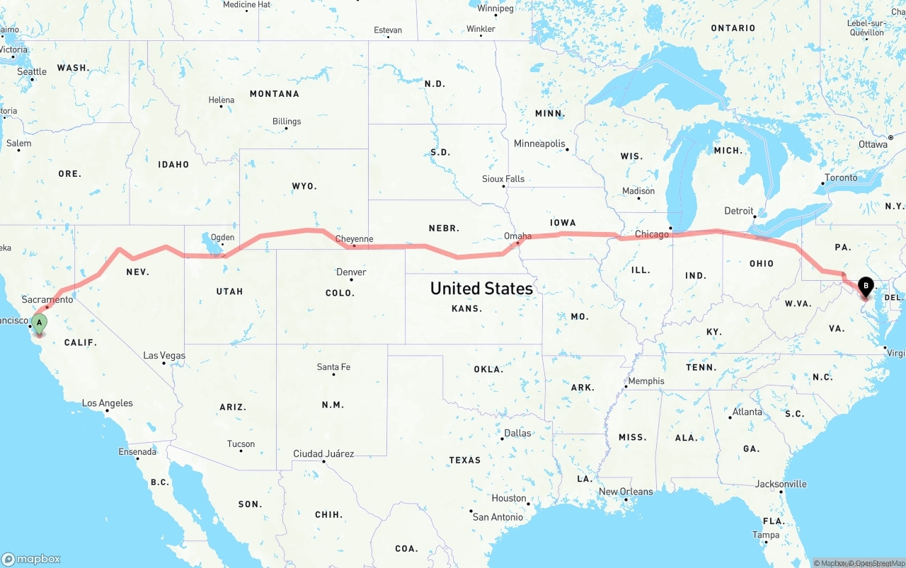 Shipping route from San Jose to Washington D.C.