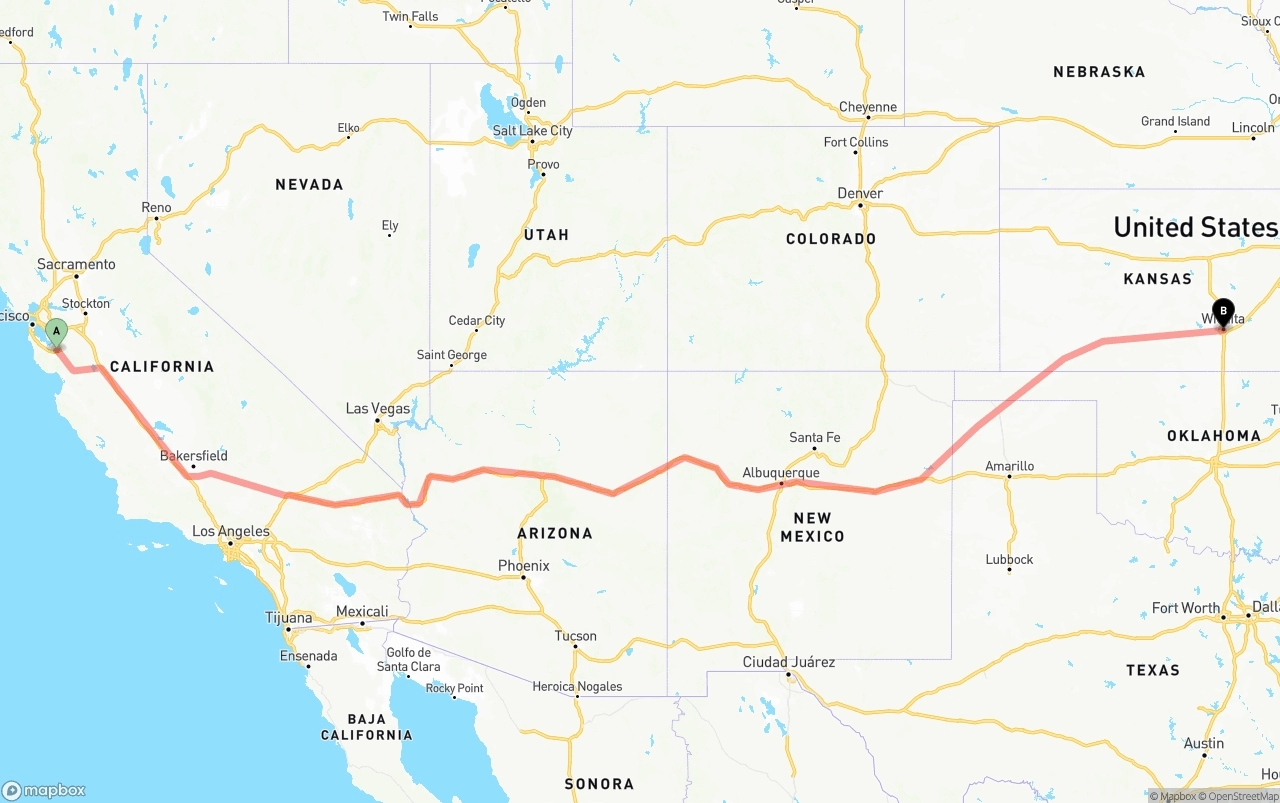 Shipping route from San Jose to Wichita
