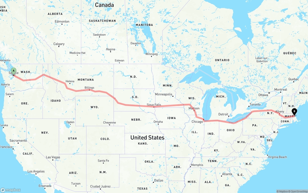 Shipping route from Seattle to Boston
