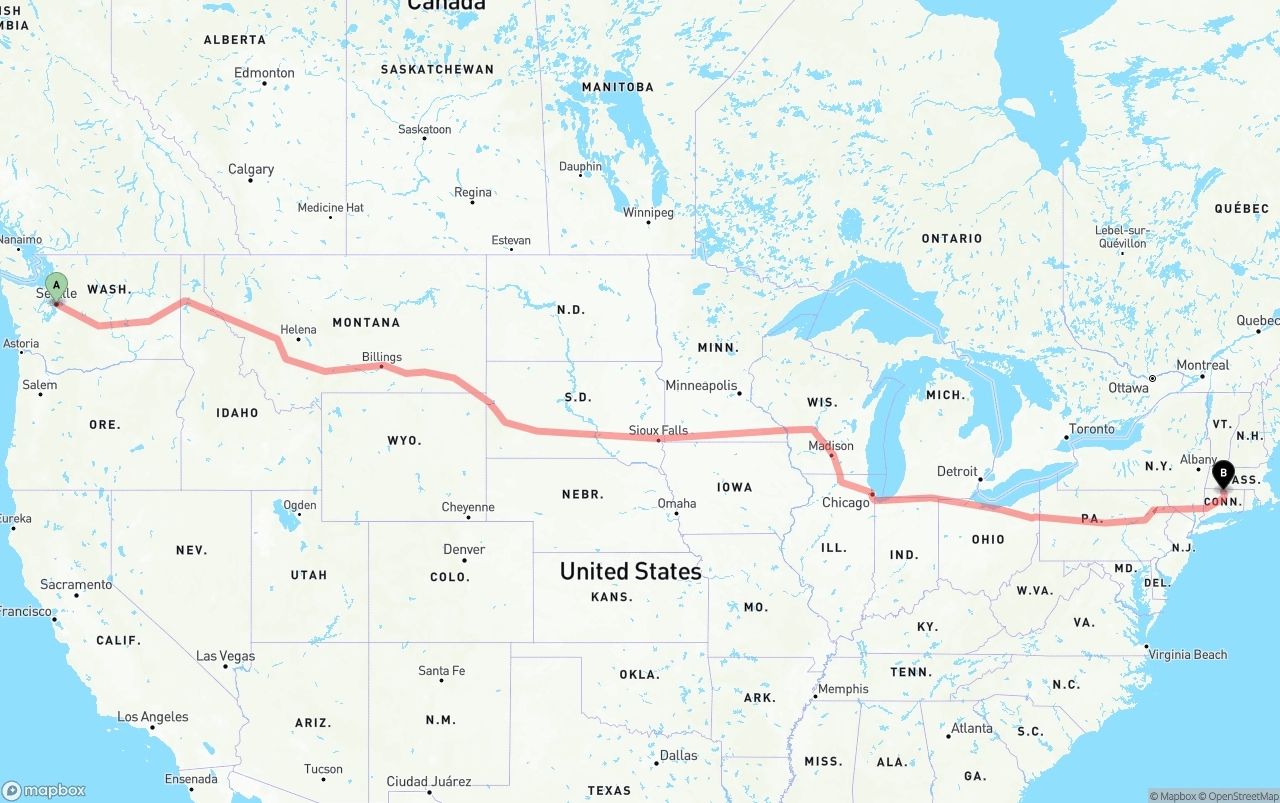 Shipping route from Seattle to Bradley International Airport