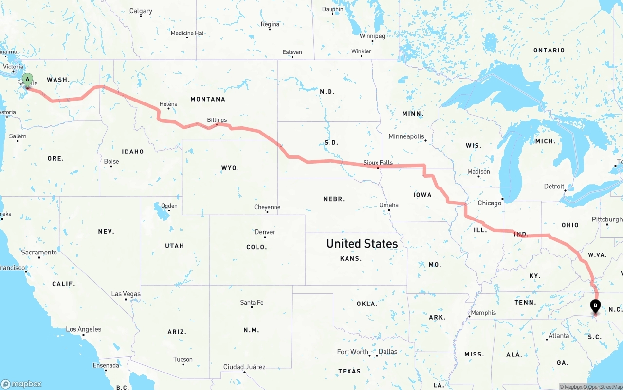 Shipping route from Seattle to Charlotte