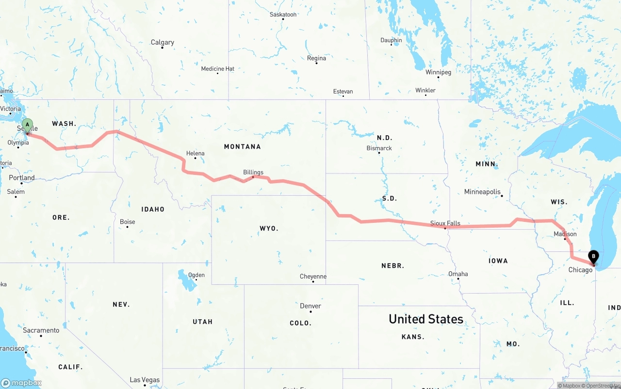 Shipping route from Seattle to Chicago