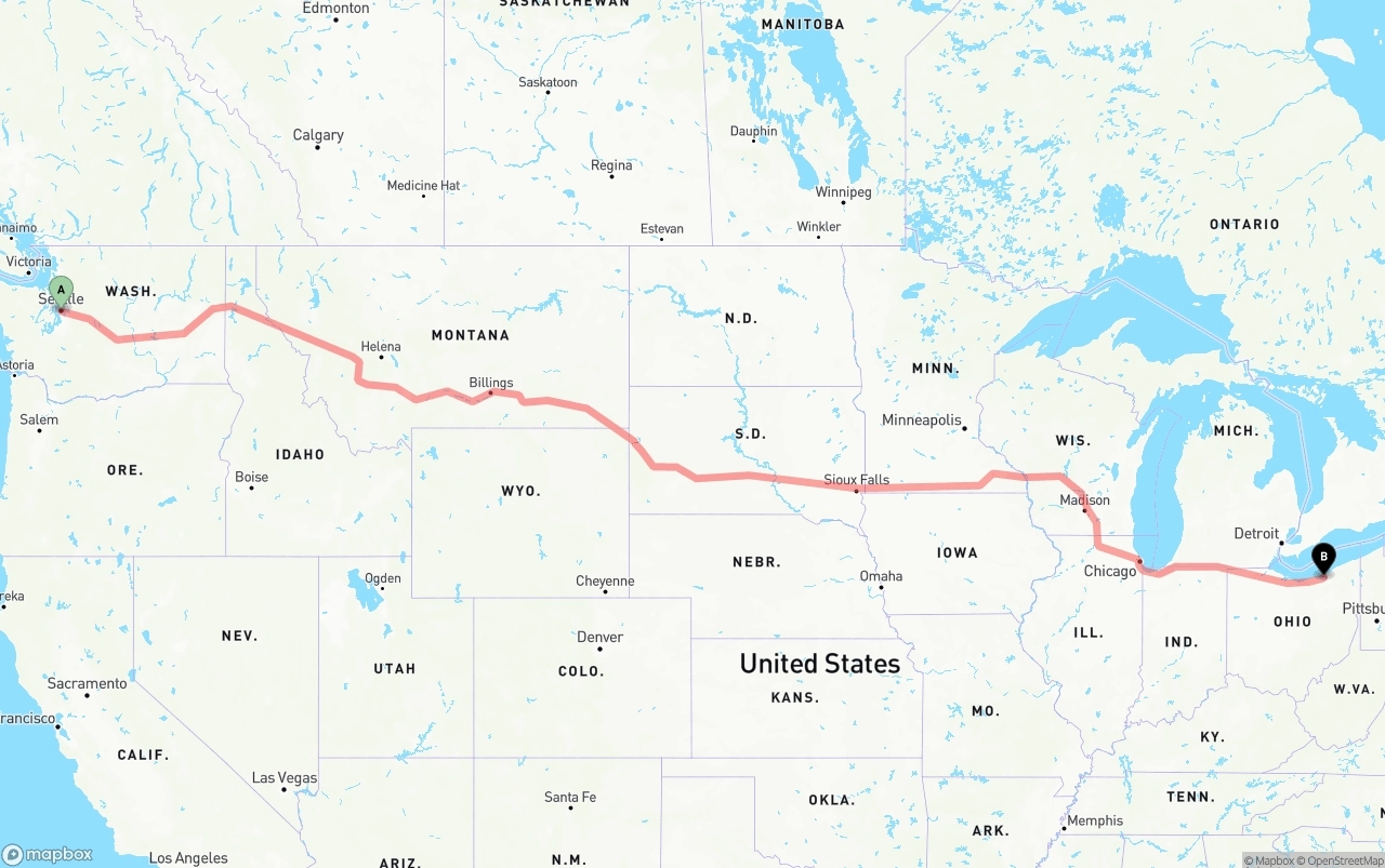 Shipping route from Seattle to Cleveland