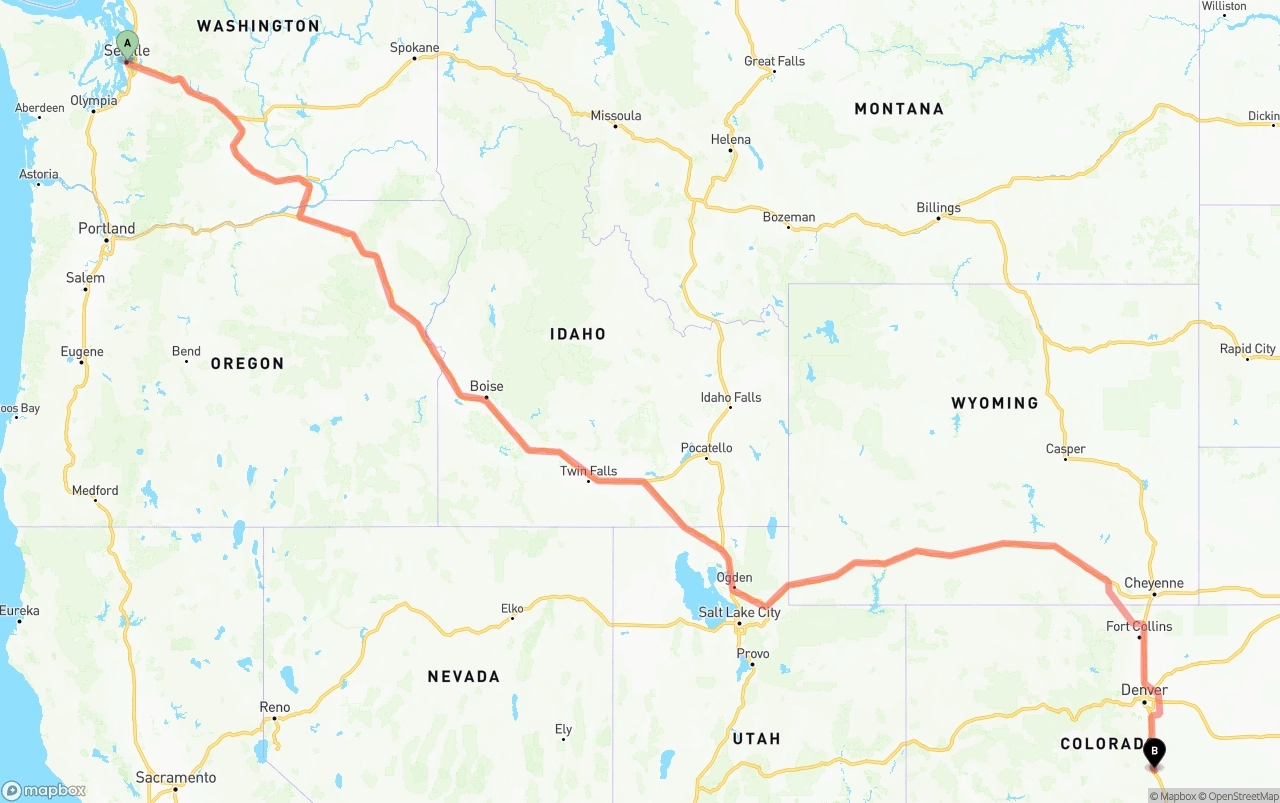 Shipping route from Seattle to Colorado Springs