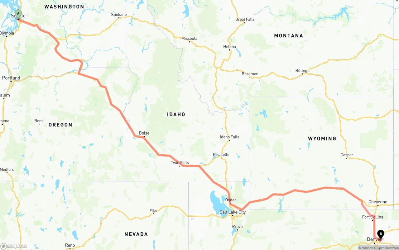 Shipping route from Seattle to Denver International Airport