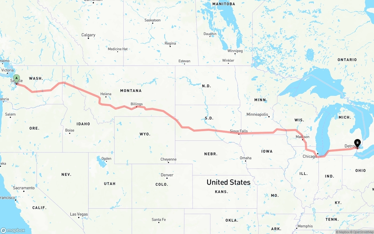 Shipping route from Seattle to Detroit