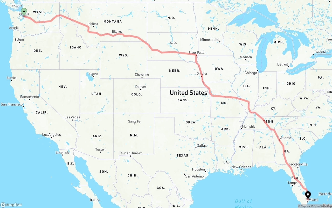 Shipping route from Seattle to Fort Lauderdale-Hollywood International Airport