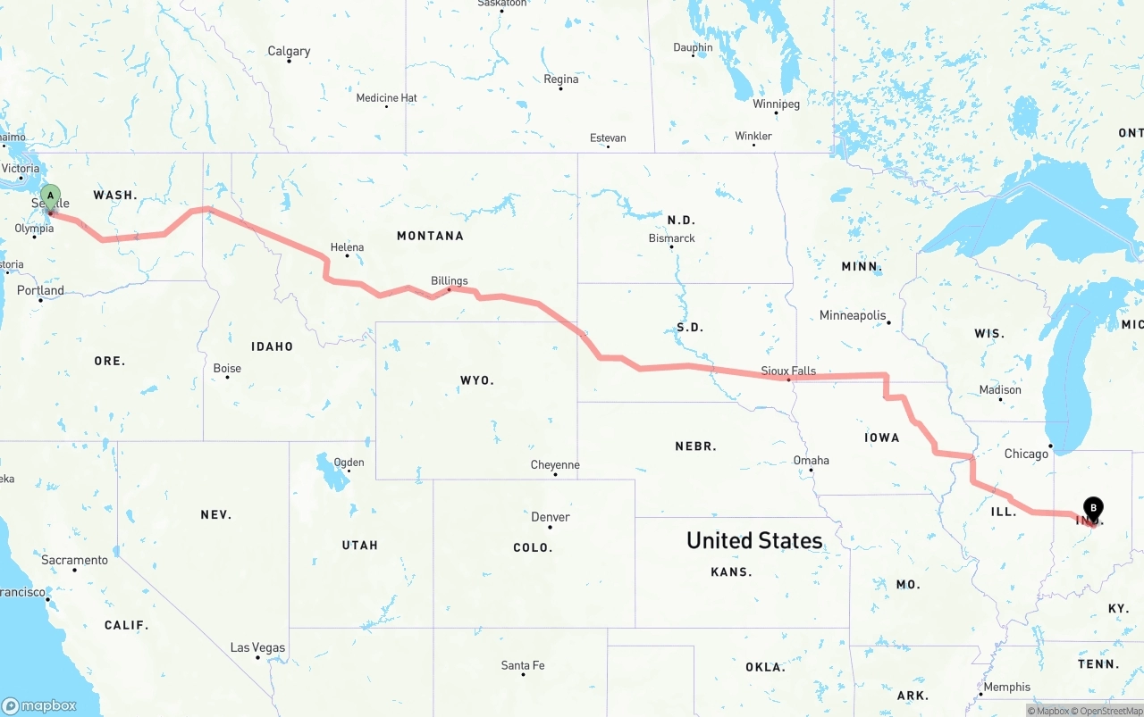 Shipping route from Seattle to Indianapolis