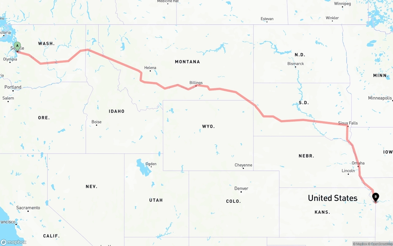 Shipping route from Seattle to Kansas City