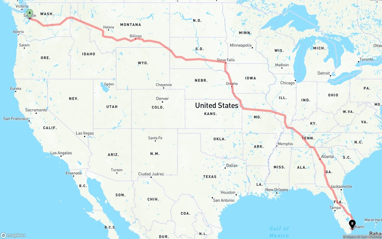 Shipping route from Seattle to Miami