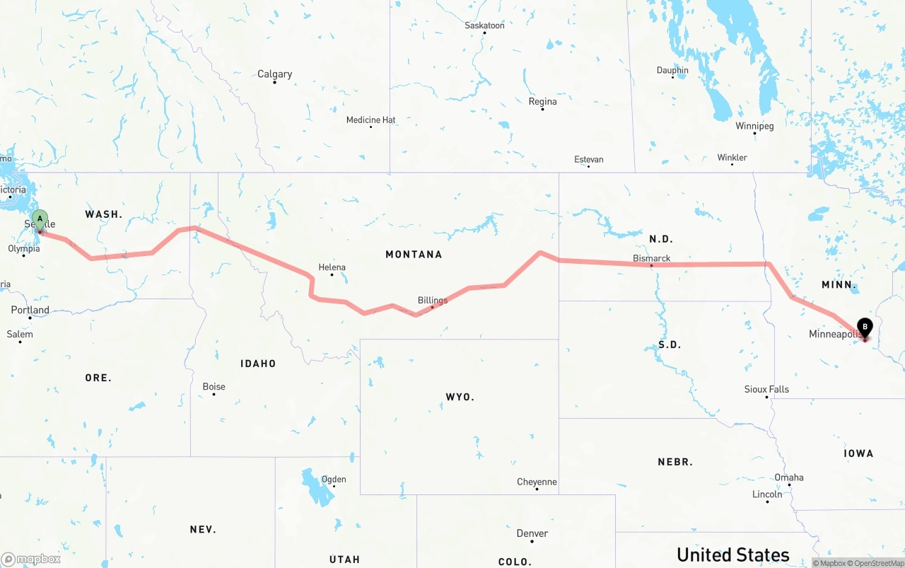 Shipping route from Seattle to Minneapolis