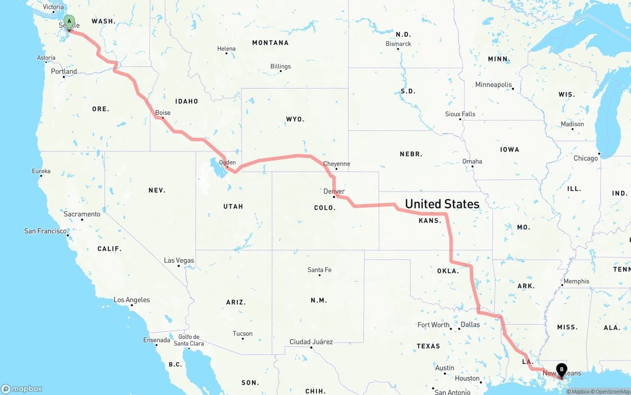 Shipping route from Seattle to New Orleans
