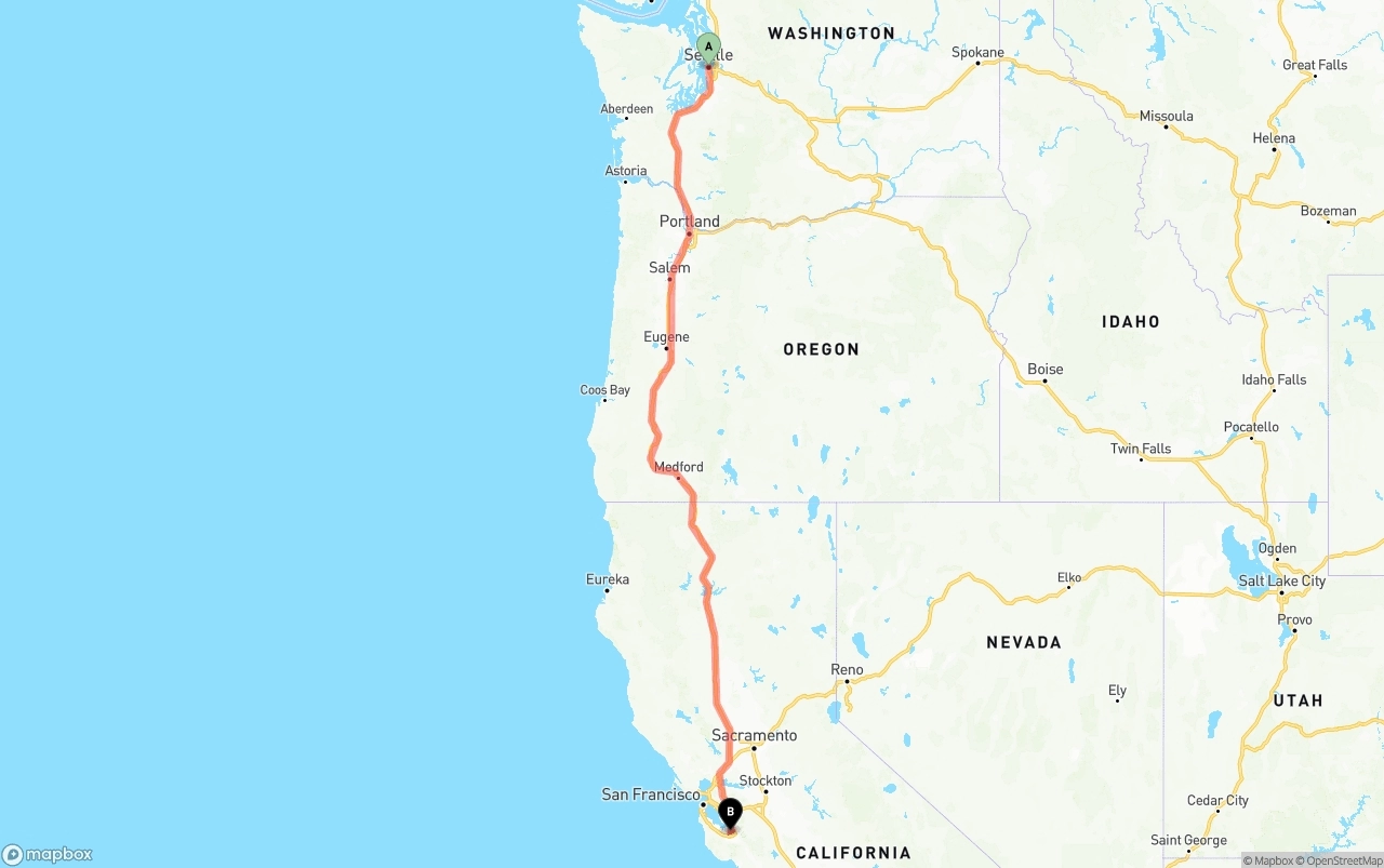 Shipping route from Seattle to Norman Y. Mineta San Jose International Airport