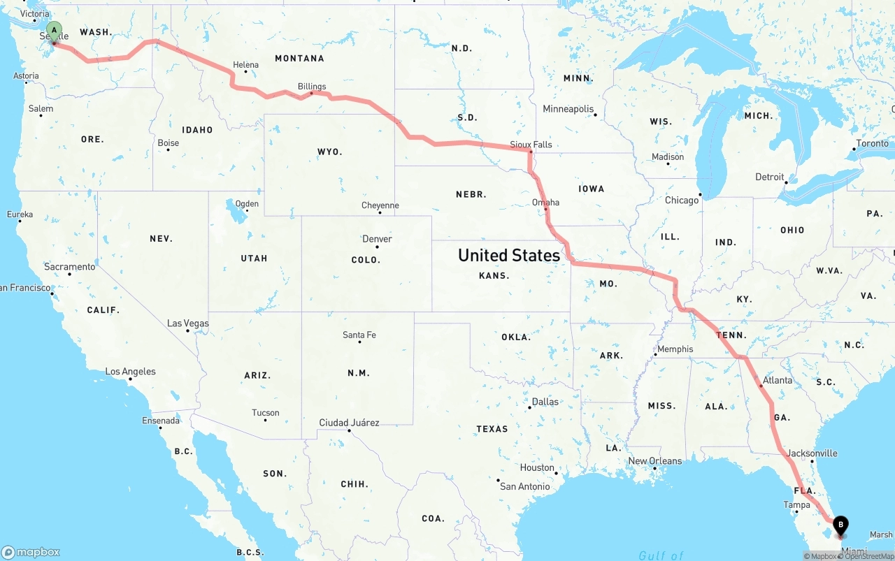 Shipping route from Seattle to Palm Beach International Airport