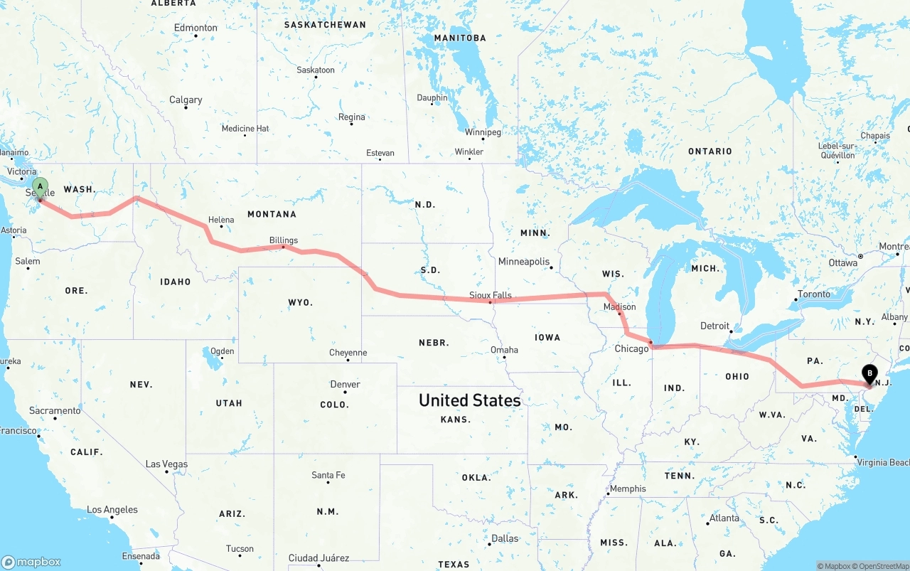 Shipping route from Seattle to Philadelphia
