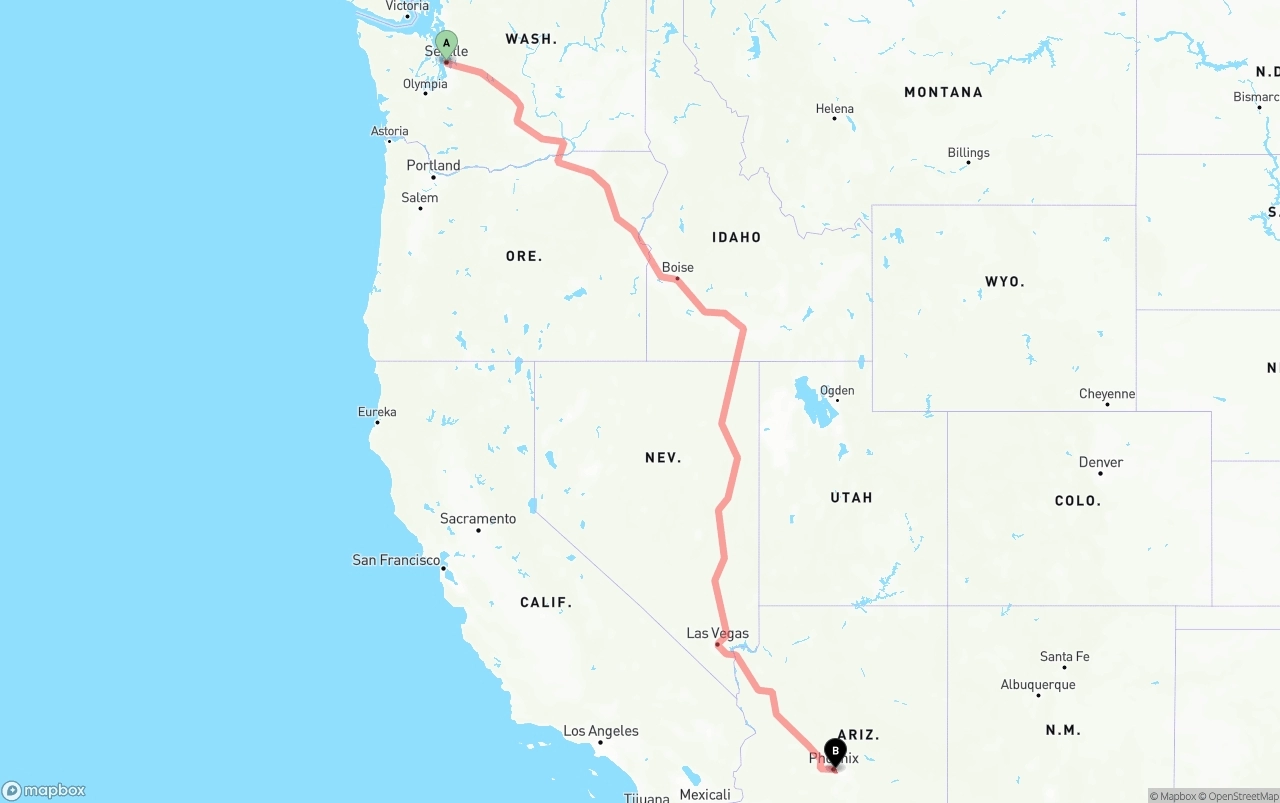 Shipping route from Seattle to Phoenix Sky Harbor International Airport