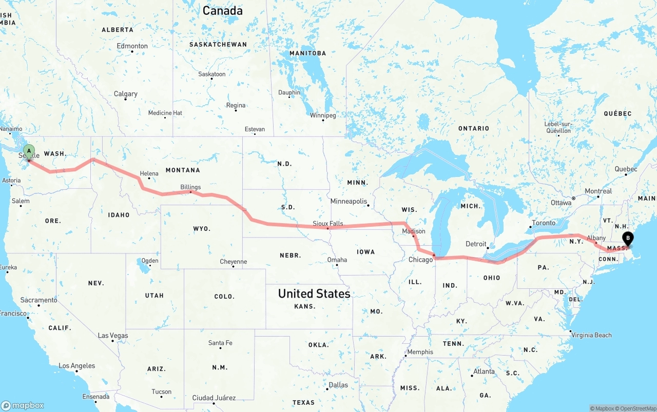 Shipping route from Seattle to Port of Boston