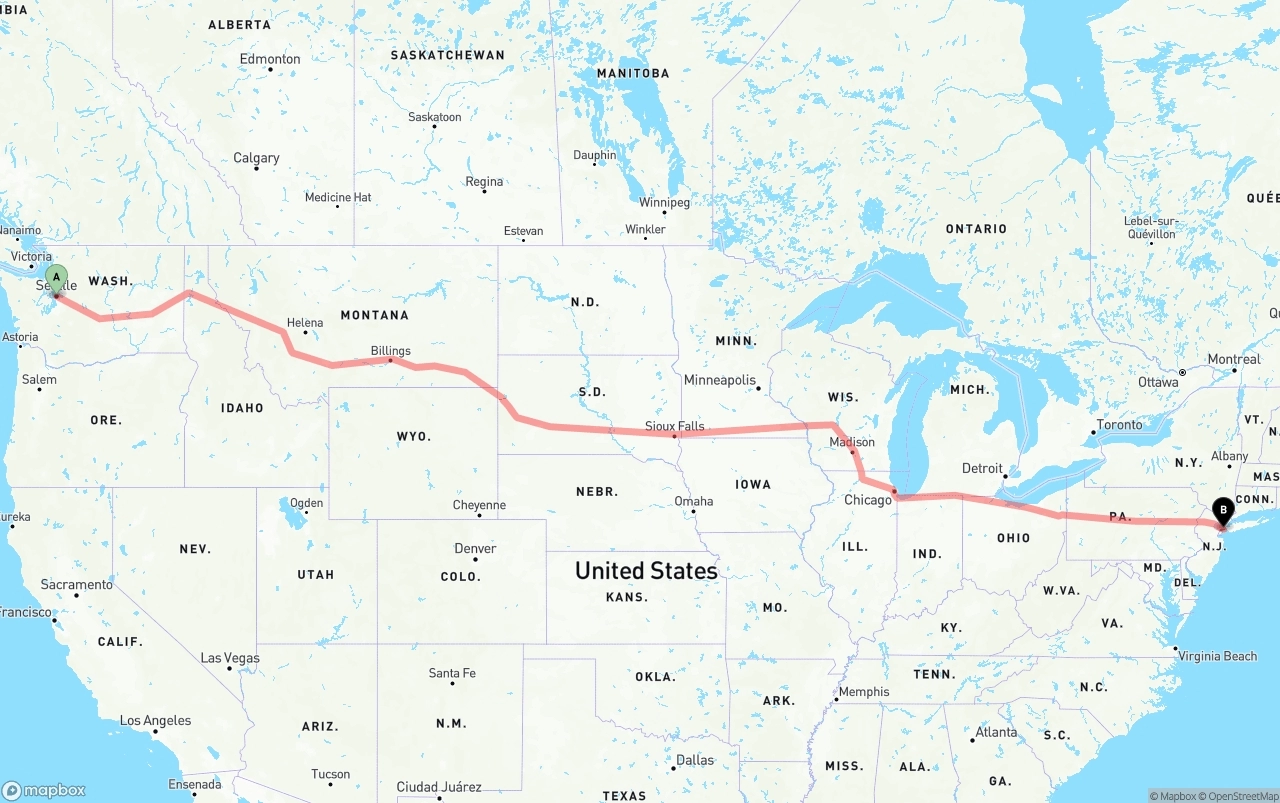 Shipping route from Seattle to Port of New York