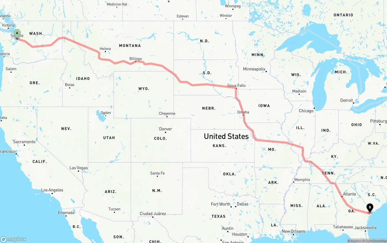 Shipping route from Seattle to Port of Savannah