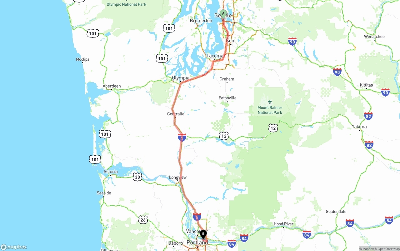 Shipping route from Seattle to Portland International Airport