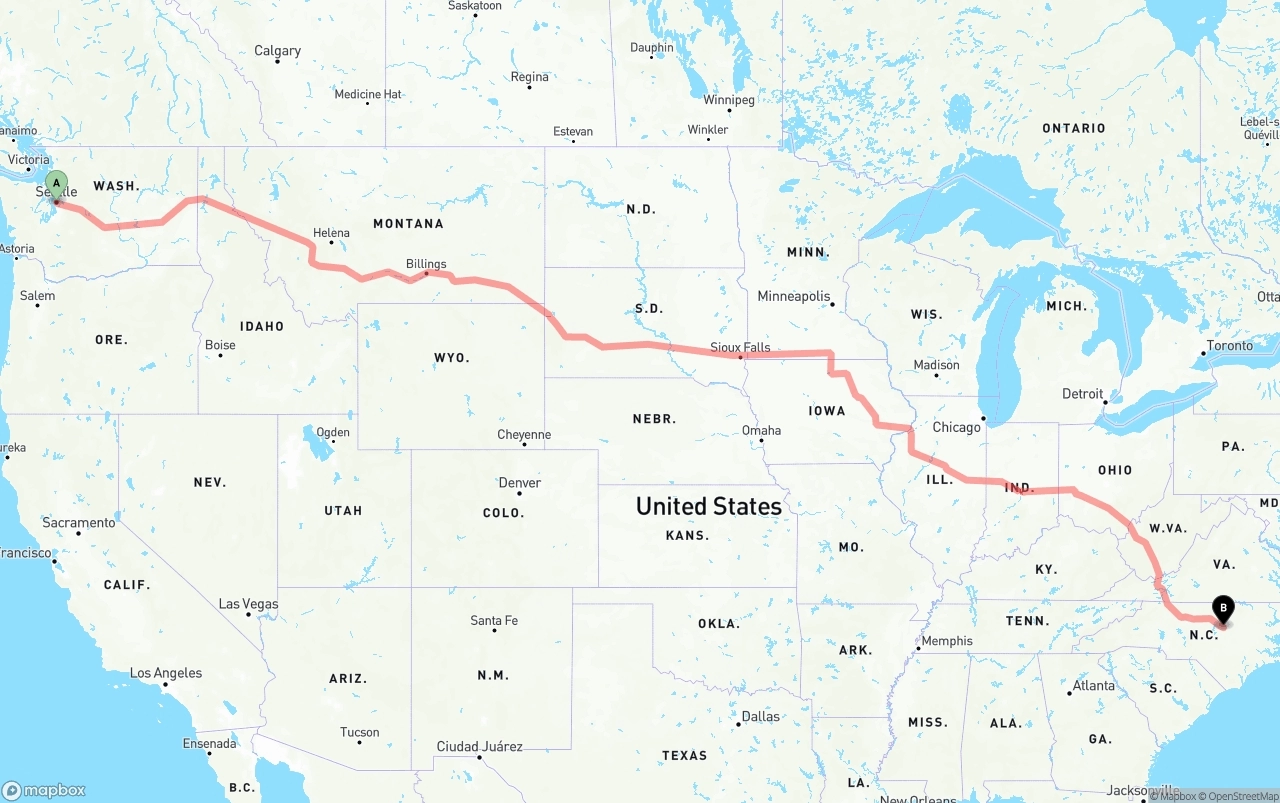 Shipping route from Seattle to Raleigh