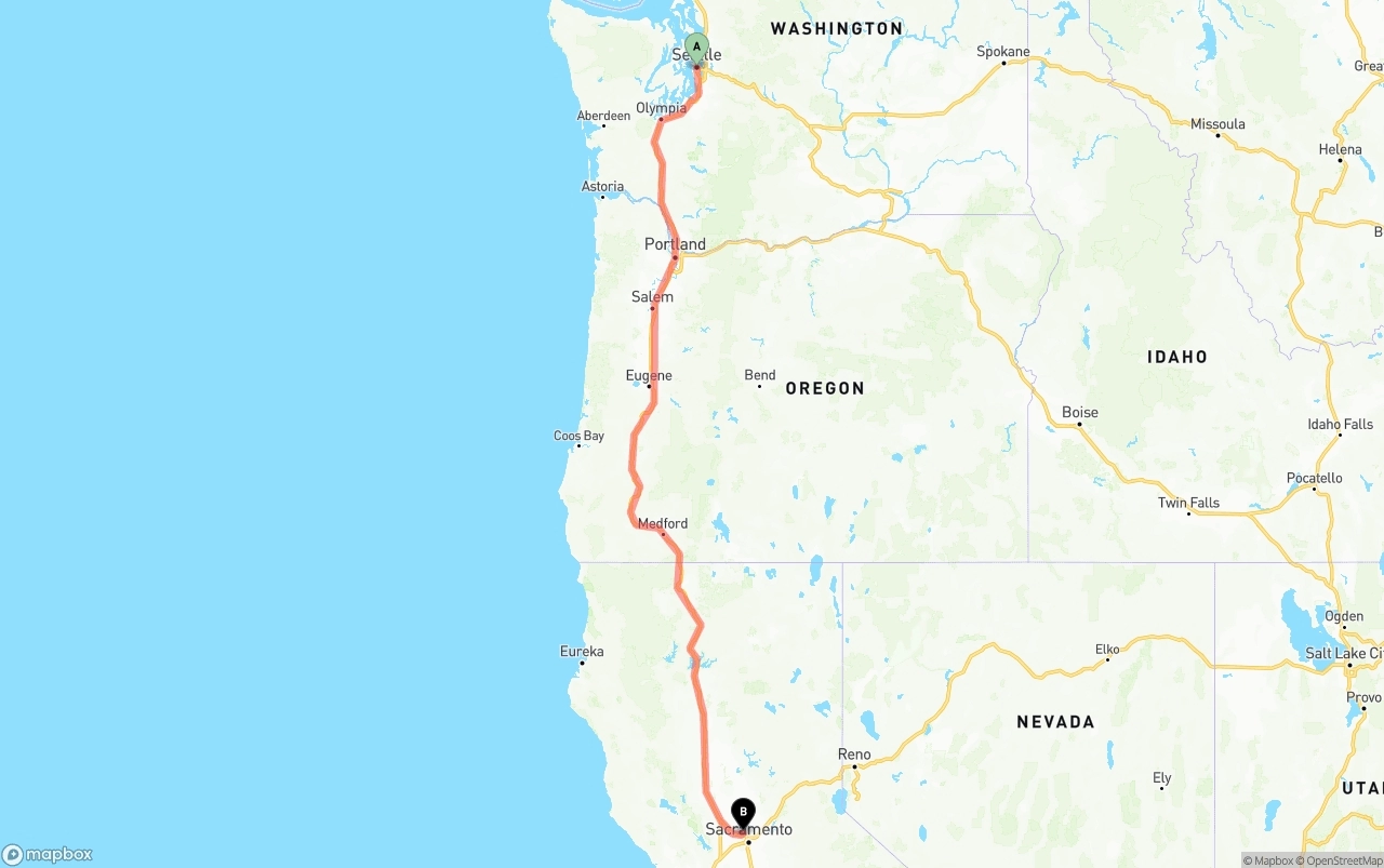 Shipping route from Seattle to Sacramento International Airport