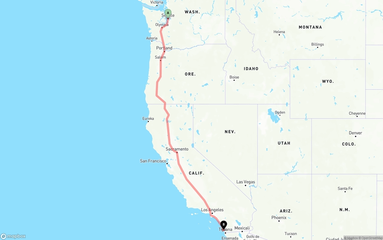 Shipping route from Seattle to San Diego International Airport