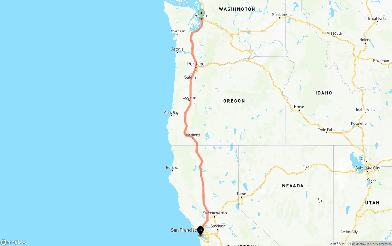 Shipping route from Seattle to San Francisco International Airport