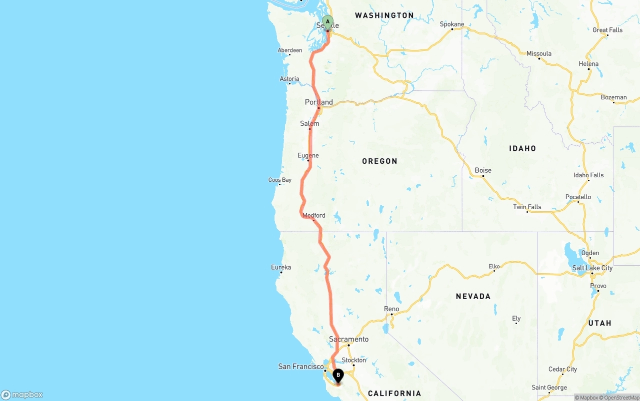 Shipping route from Seattle to San Jose