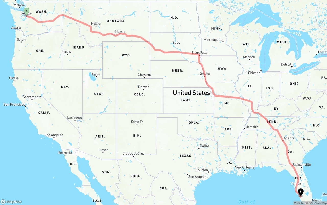 Shipping route from Seattle to Southwest Florida International Airport