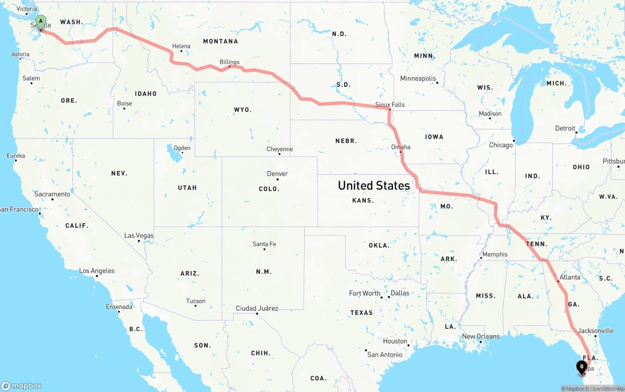 Shipping route from Seattle to St. Petersburg