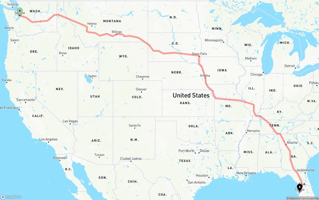 Shipping route from Seattle to Tampa